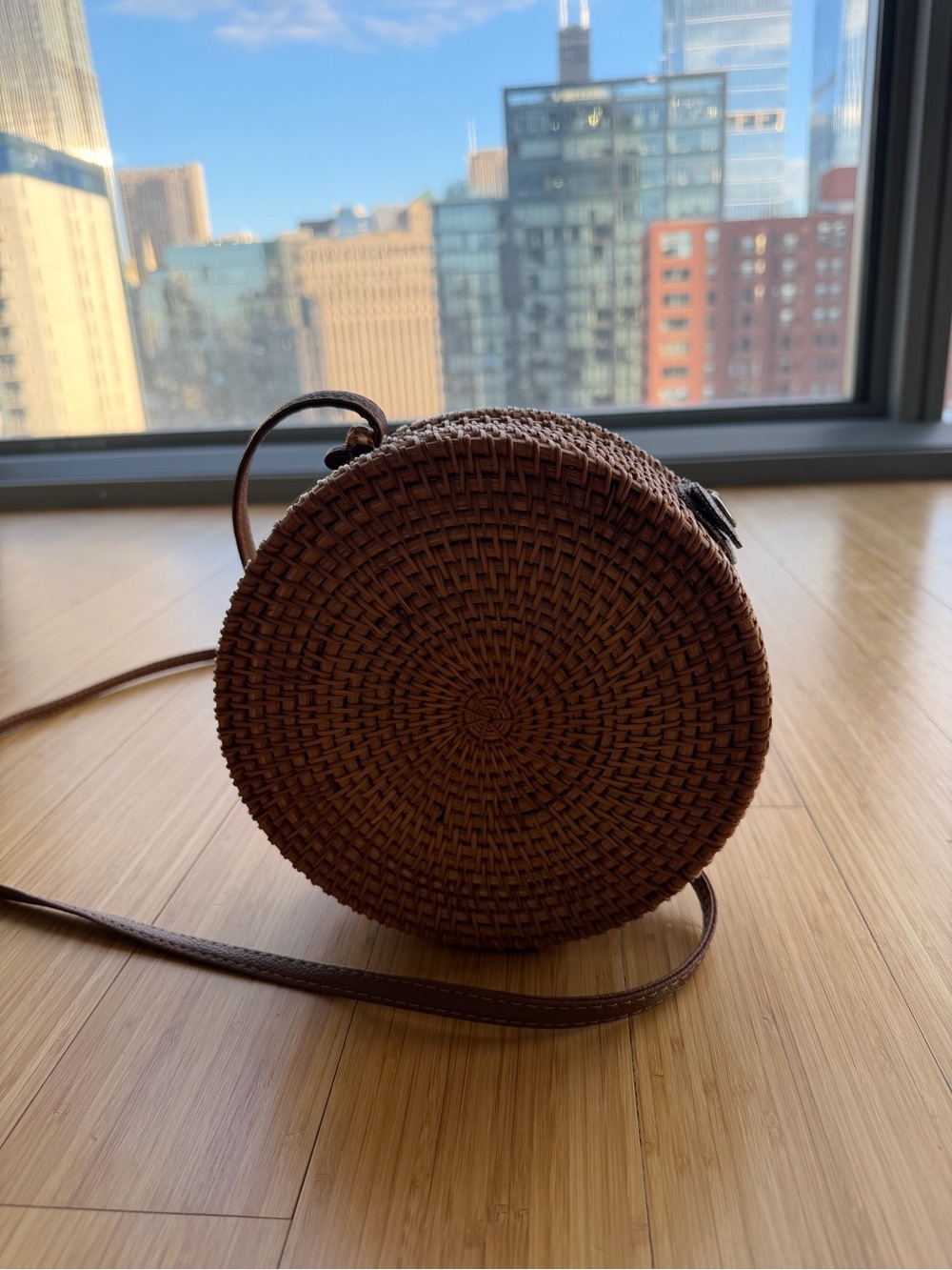Round Rattan Woven Straw Crossbody Bag - Brown, purchased in Greece - Picture 4 of 6